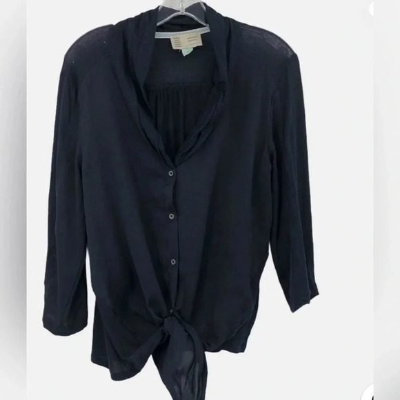 Anthropologie Saturday Sunday Navy Blue Button Up Blouse Tie Front Sz Small - Picture 1 of 14
